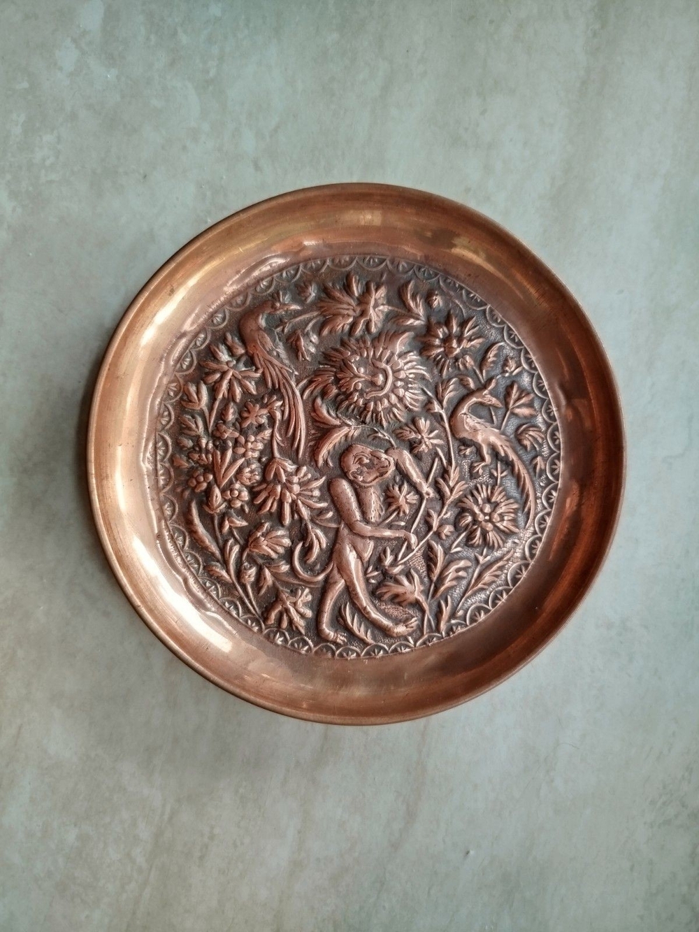 Decorative Vintage Copper Wall Plate with Floral & Figure Relief